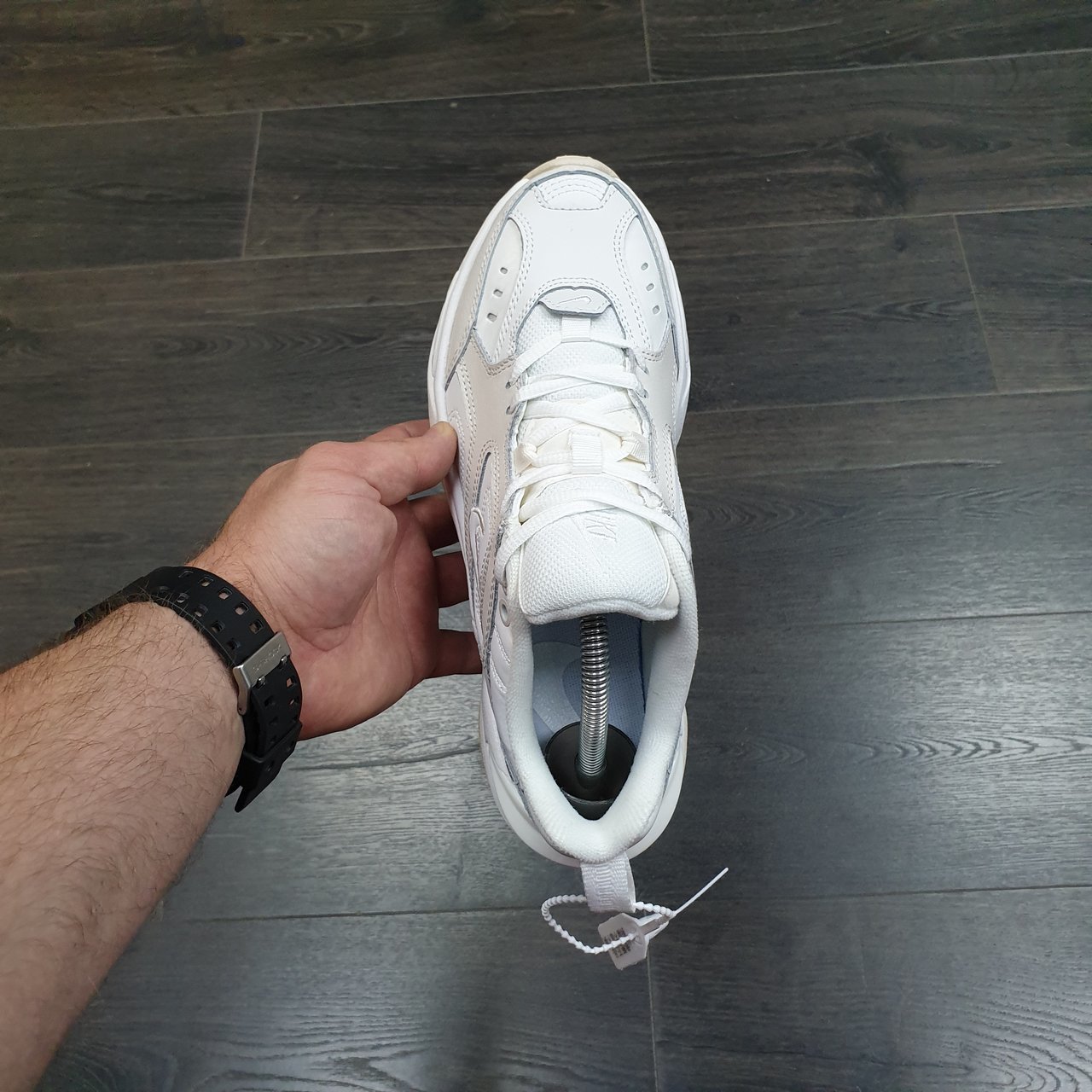white and beige nike m2k tekno